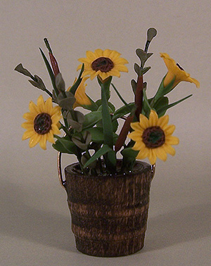 Sunflowers and Cattails in Wooden Bucket